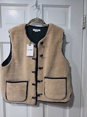 RE/DONE Sherpa Faux Shearling Knot‑Front Vest NWT Cream Black Trim M in
